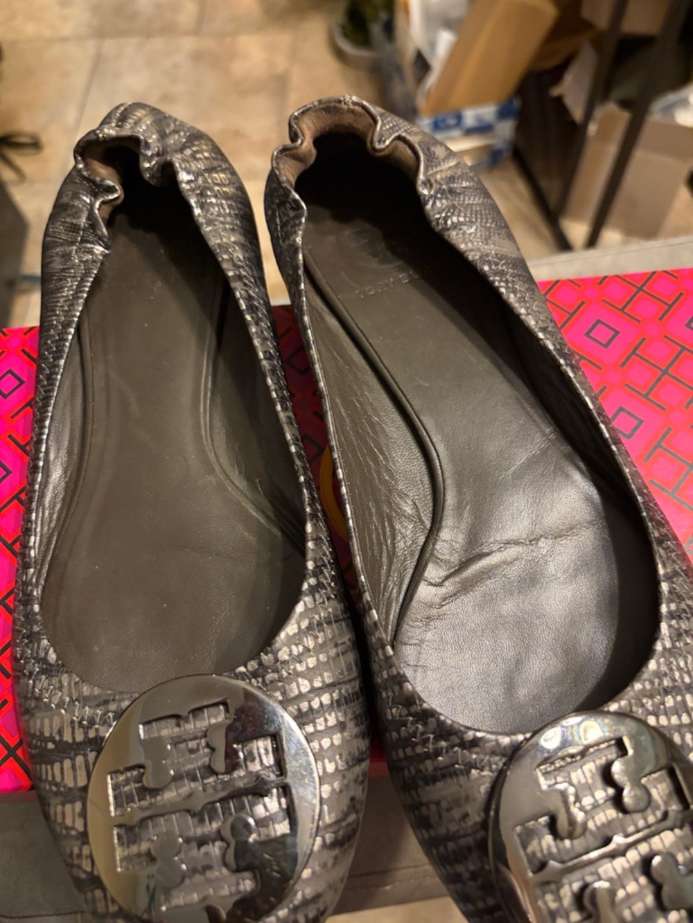 Tory Burch Black Snakeskin-Effect Logo Ballet Flats.  Shoes only   Box separate